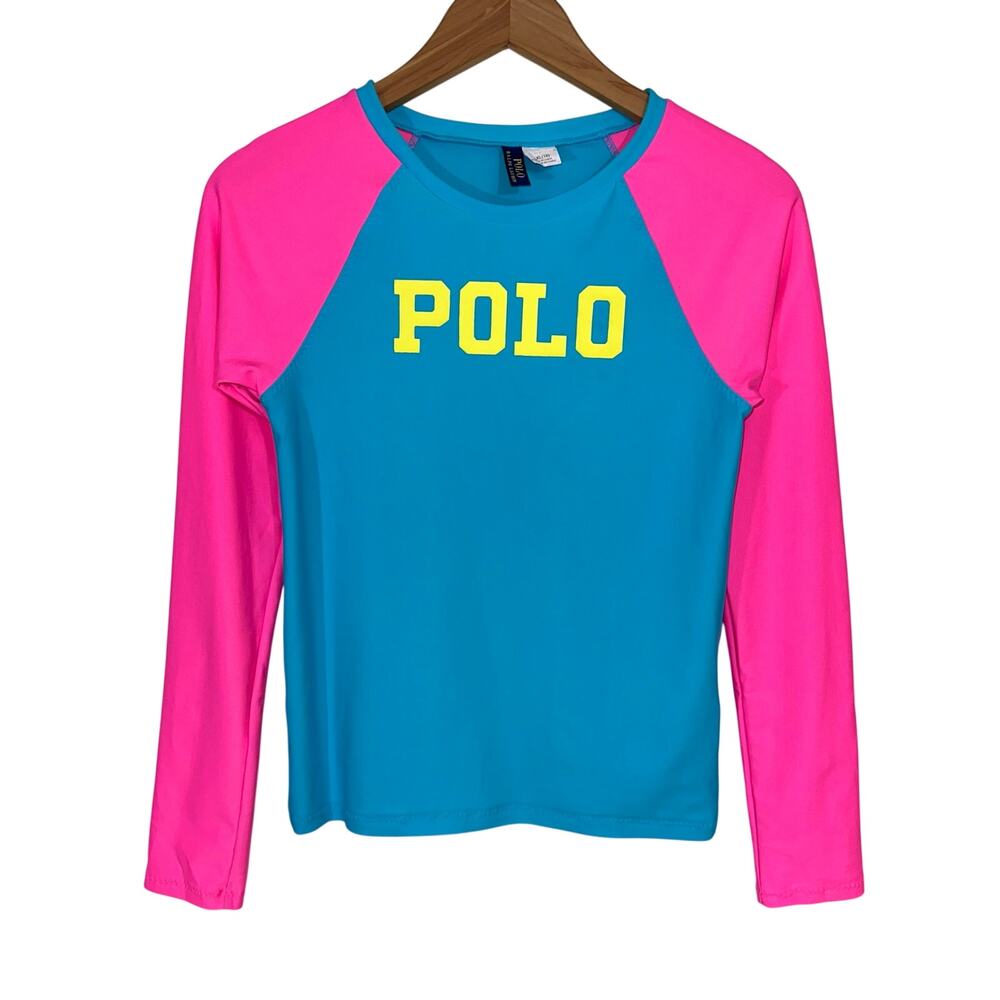 POLO Ralph Lauren Girls Blue Pink Logo Swim Rash Guard Size XL 16